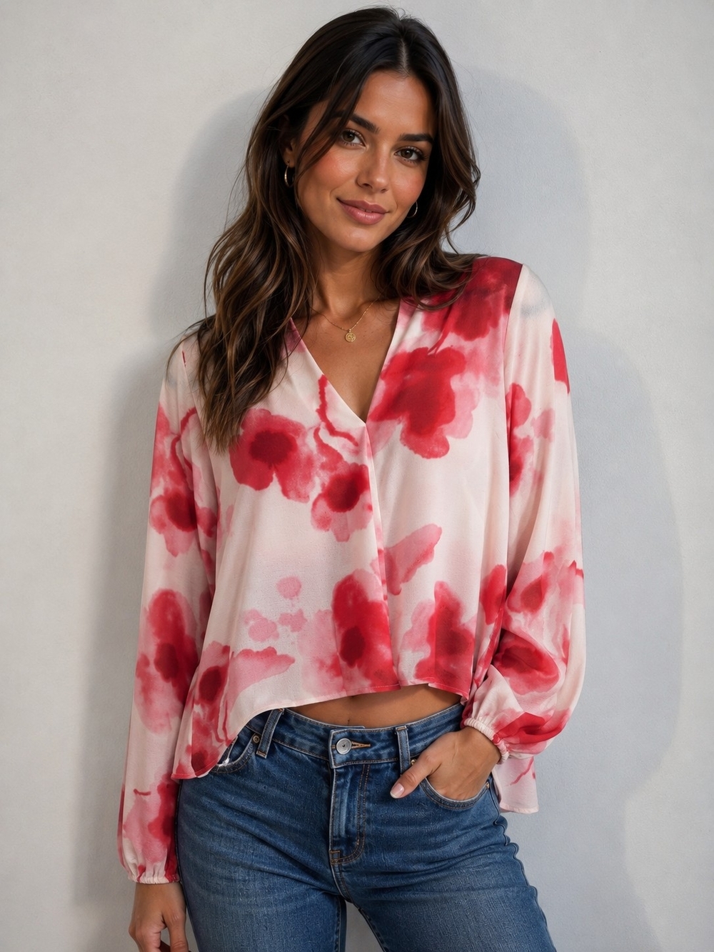 Donna Karan Floral Watercolor Blouse – Women’s Long Sleeve V-Neck Top
